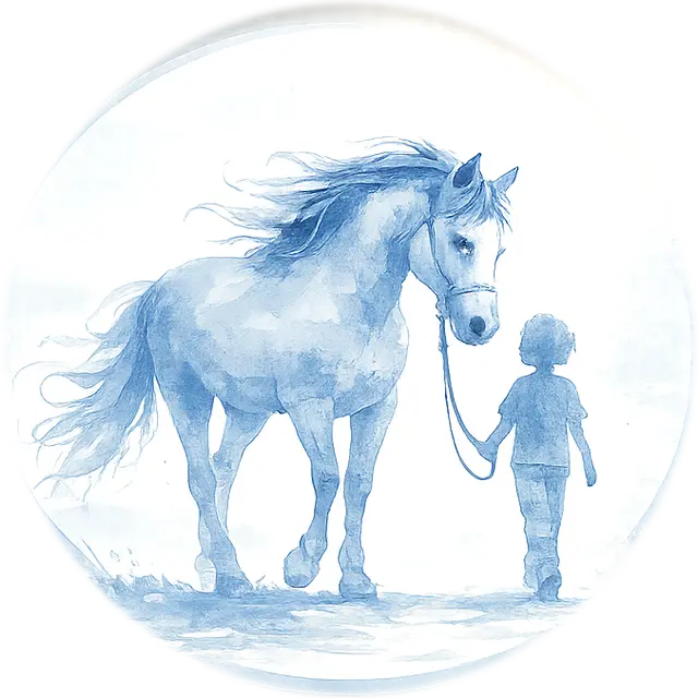 Watercolor blue horse led by a child